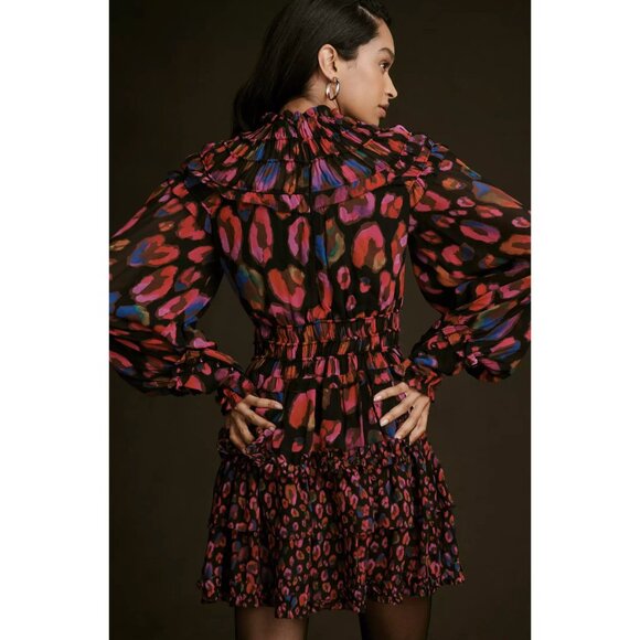 Anthropologie Farm Rio Iridescent Leopard Hot Pink Ruffle Mini Dress NWT XXS - Picture 3 of 7